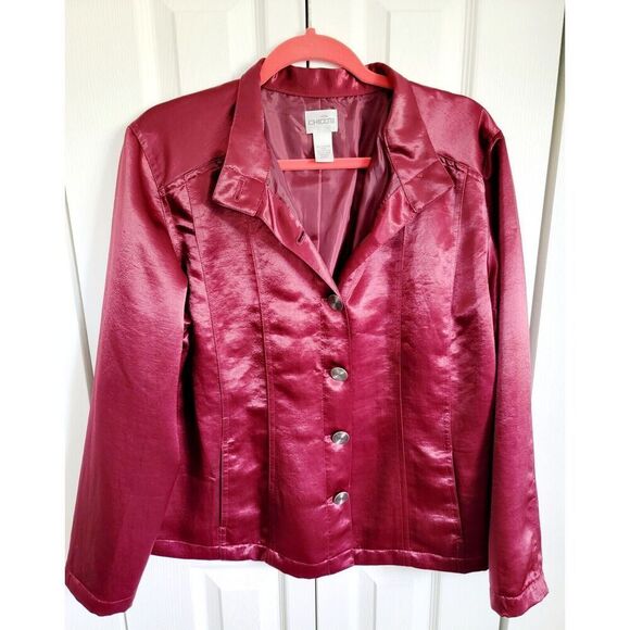 Chico's 3 Maroon Collared‎ Button Up Jacket Silky Material Lined L/S XL - Picture 1 of 6